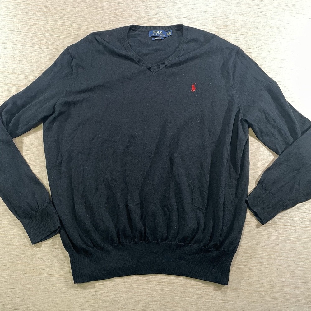 Polo Ralph Lauren Men's XL Black Pima Cotton V Neckline Sweater Preppy Casual